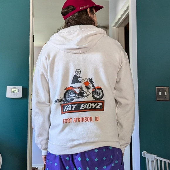 White Harley inspired Hoodie from Fat Boyz Biker Bar Fort Atkinson, WI - Picture 3 of 7